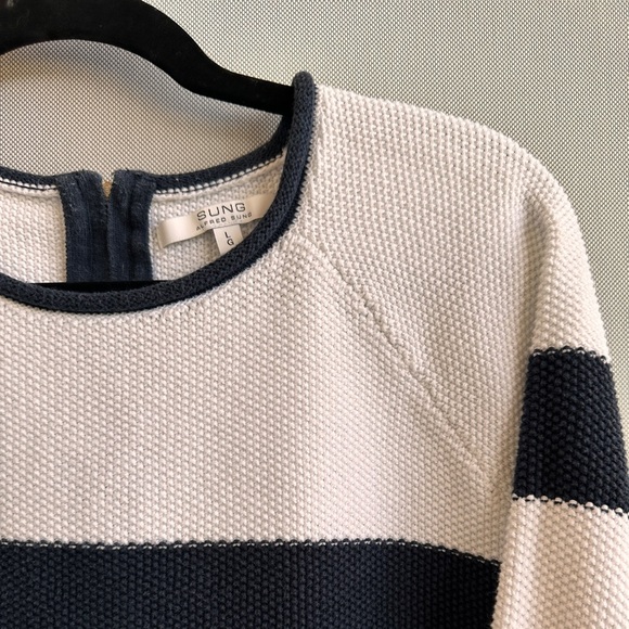Alfred Sung | Navy & White Striped Cotton Knit Sweater - Picture 6 of 9